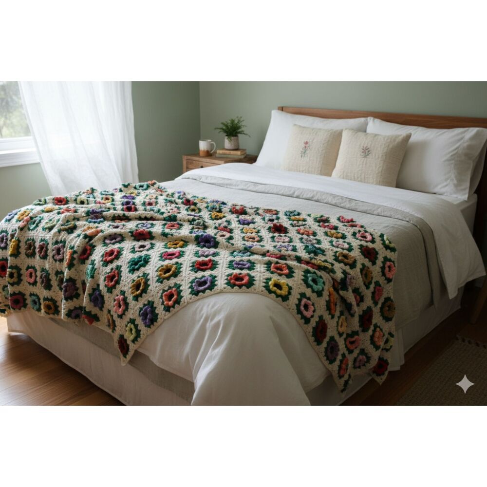 Cottage core Granny Core 3d flower crochet blanket 112'' by 84''